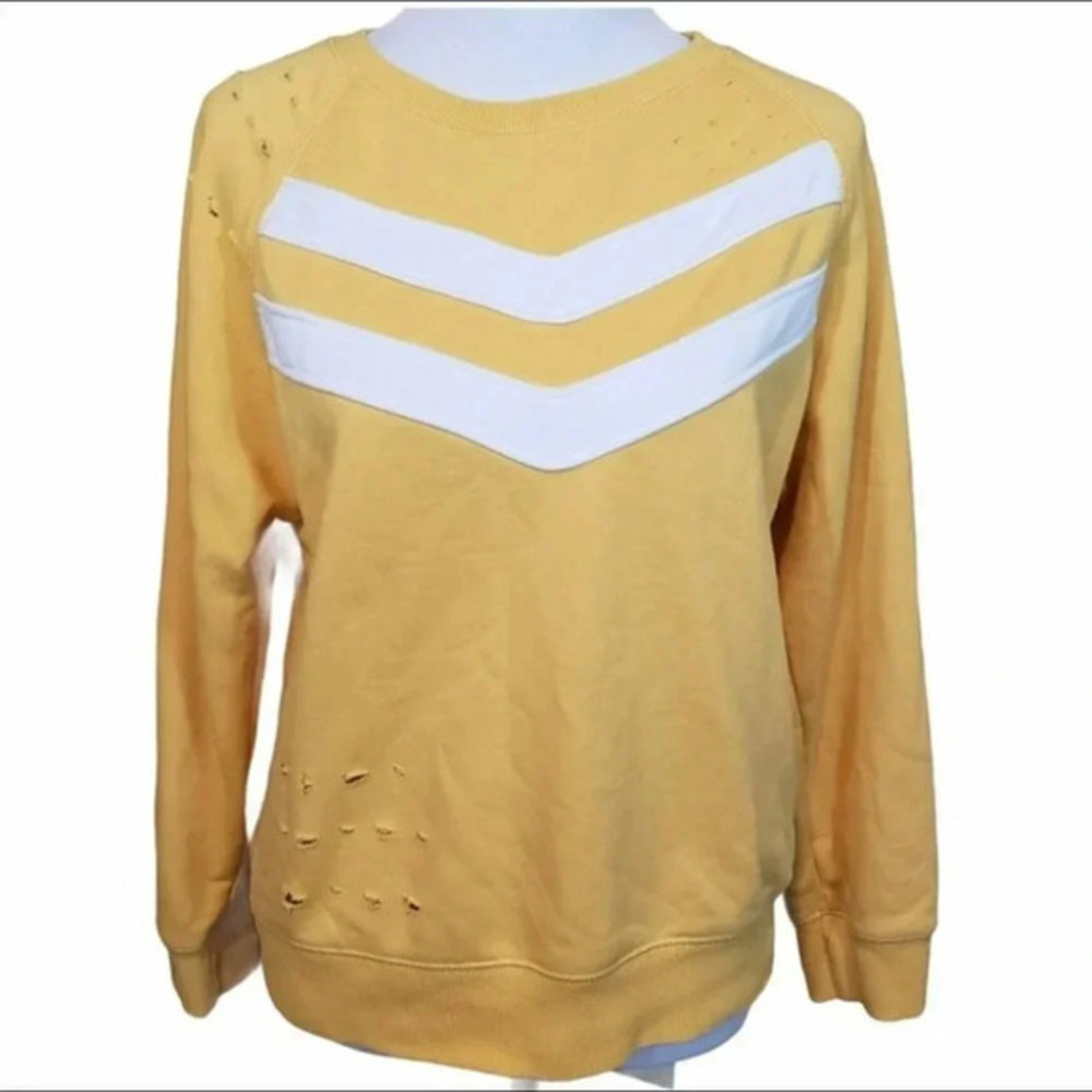 Forever 21 Sweatshirt Small Yellow Distressed Chevron Stripe Raglan Crew Neck